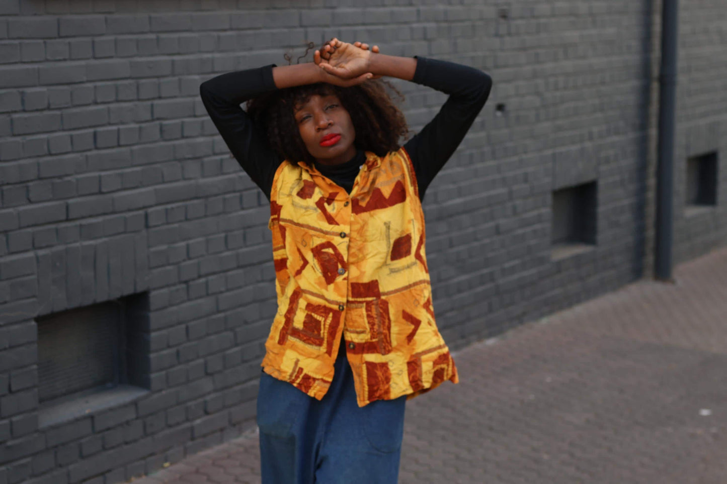Vintage Print Vest Top Yellow Geometric Pattern Sleeveless Retro Art Vest