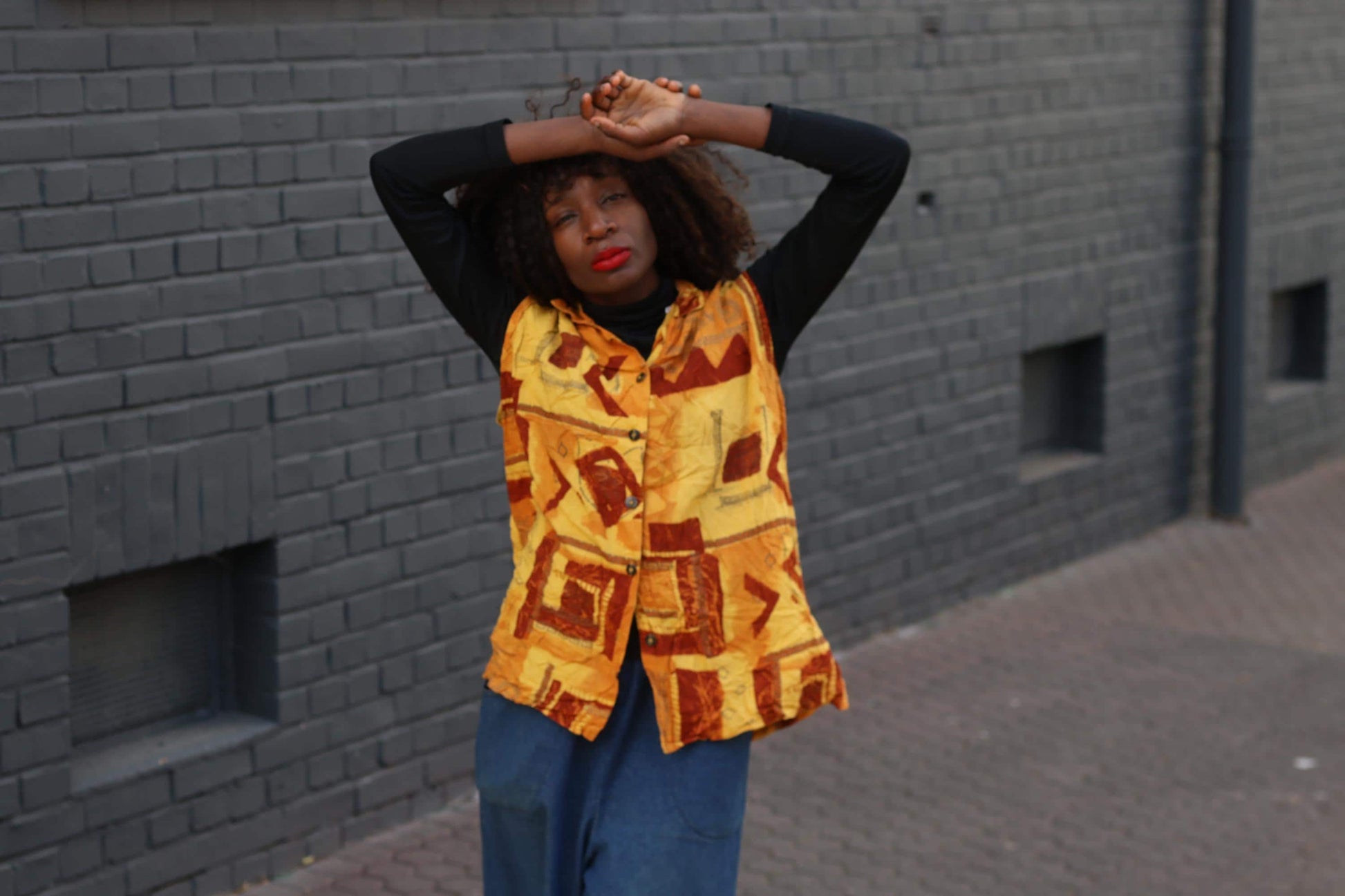Vintage Print Vest Top Yellow Geometric Pattern Sleeveless Retro Art Vest