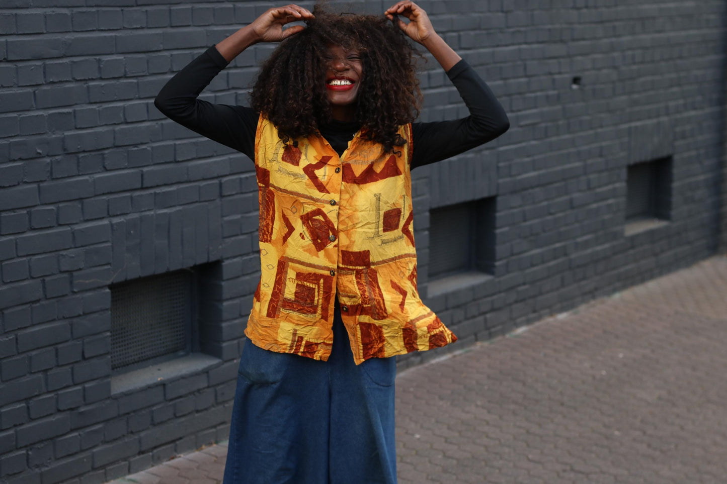 Vintage Print Vest Top Yellow Geometric Pattern Sleeveless Retro Art Vest