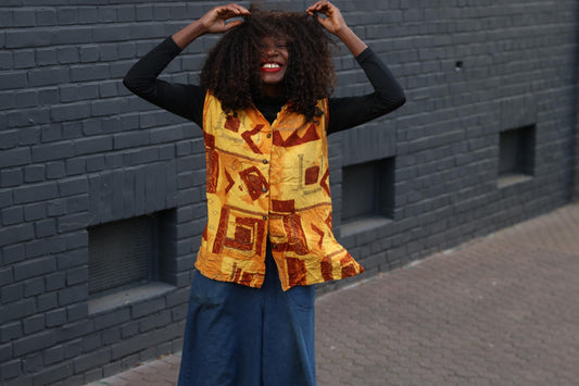 Vintage Print Vest Top Yellow Geometric Pattern Sleeveless Retro Art Vest