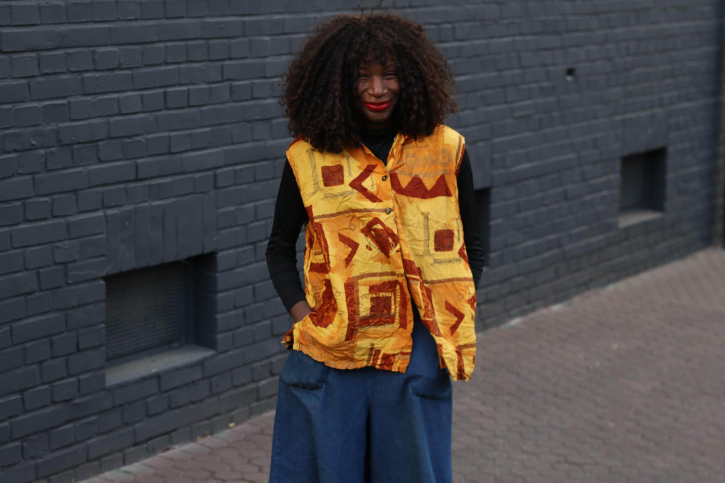 Vintage Print Vest Top Yellow Geometric Pattern Sleeveless Retro Art Vest