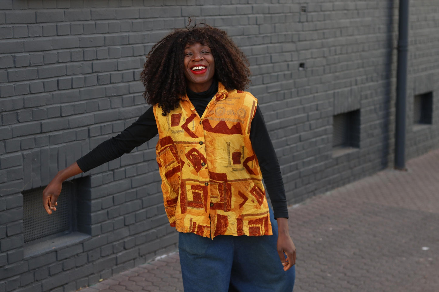 Vintage Print Vest Top Yellow Geometric Pattern Sleeveless Retro Art Vest
