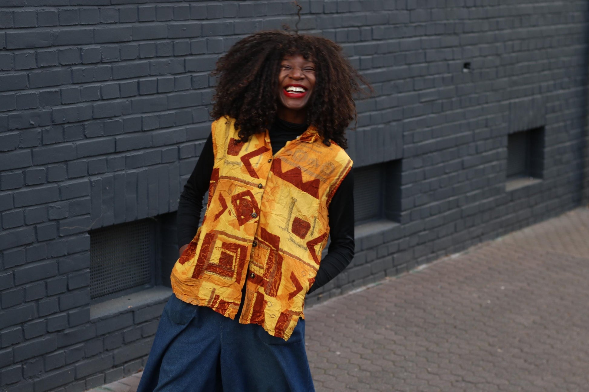 Vintage Print Vest Top Yellow Geometric Pattern Sleeveless Retro Art Vest