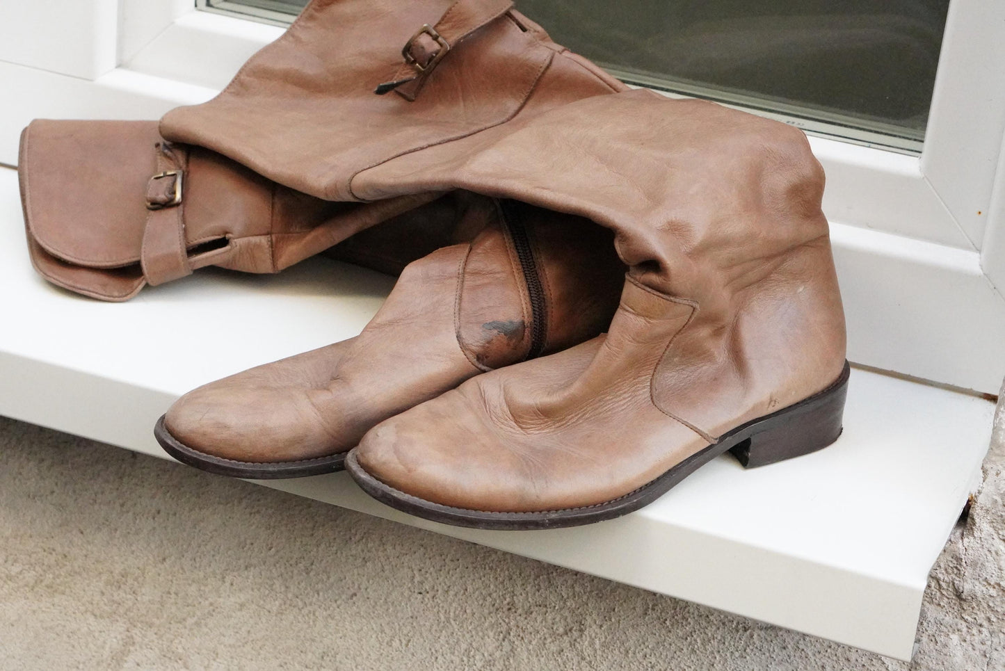 Vintage Over The Knee Boots Tan Leather Flat Riding Boots Handmade in Italy OTK