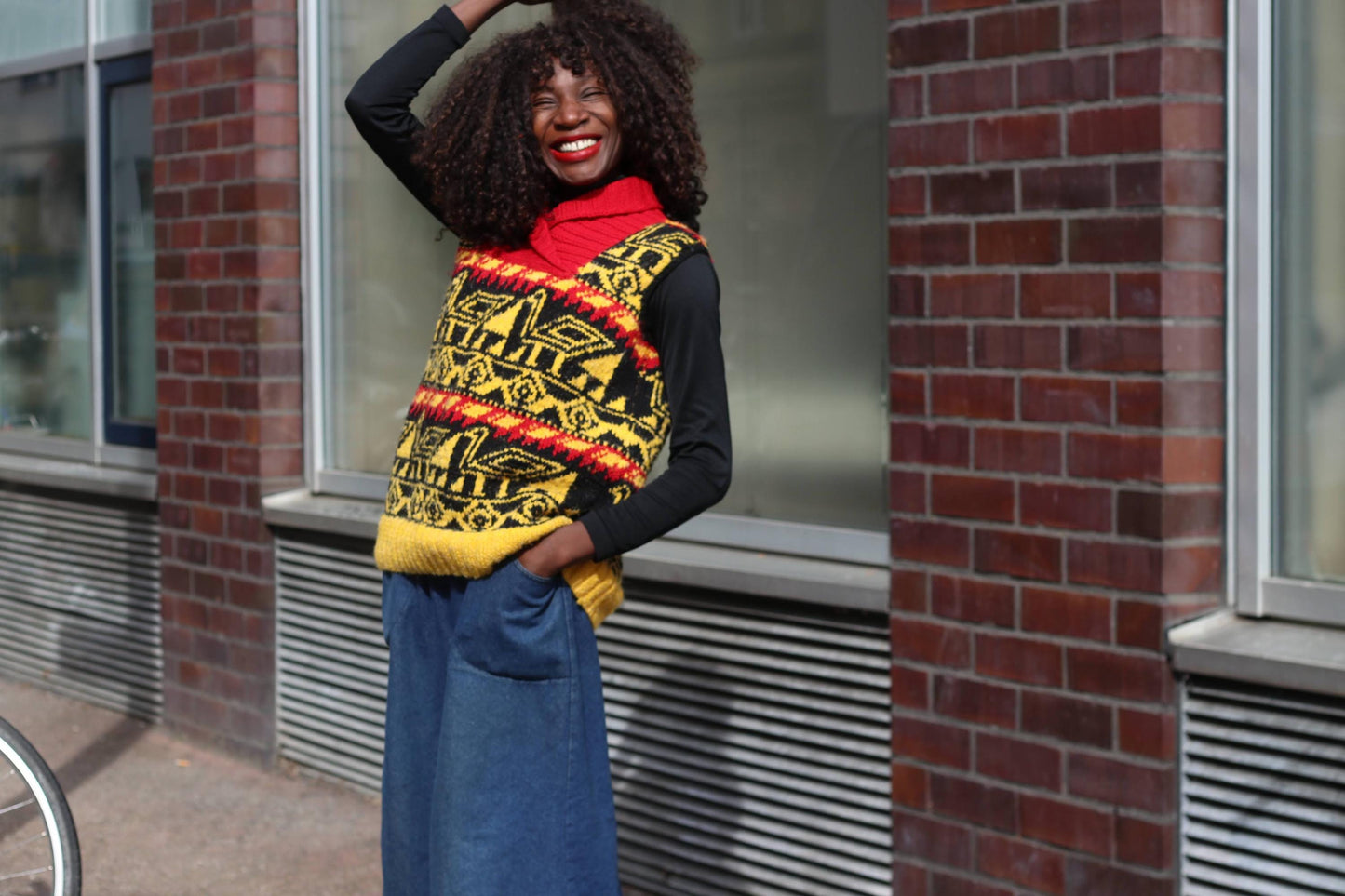Vintage Handmade Knit Vest Bird Motif Yellow Red Black Boho Artisanal Sweater Tank