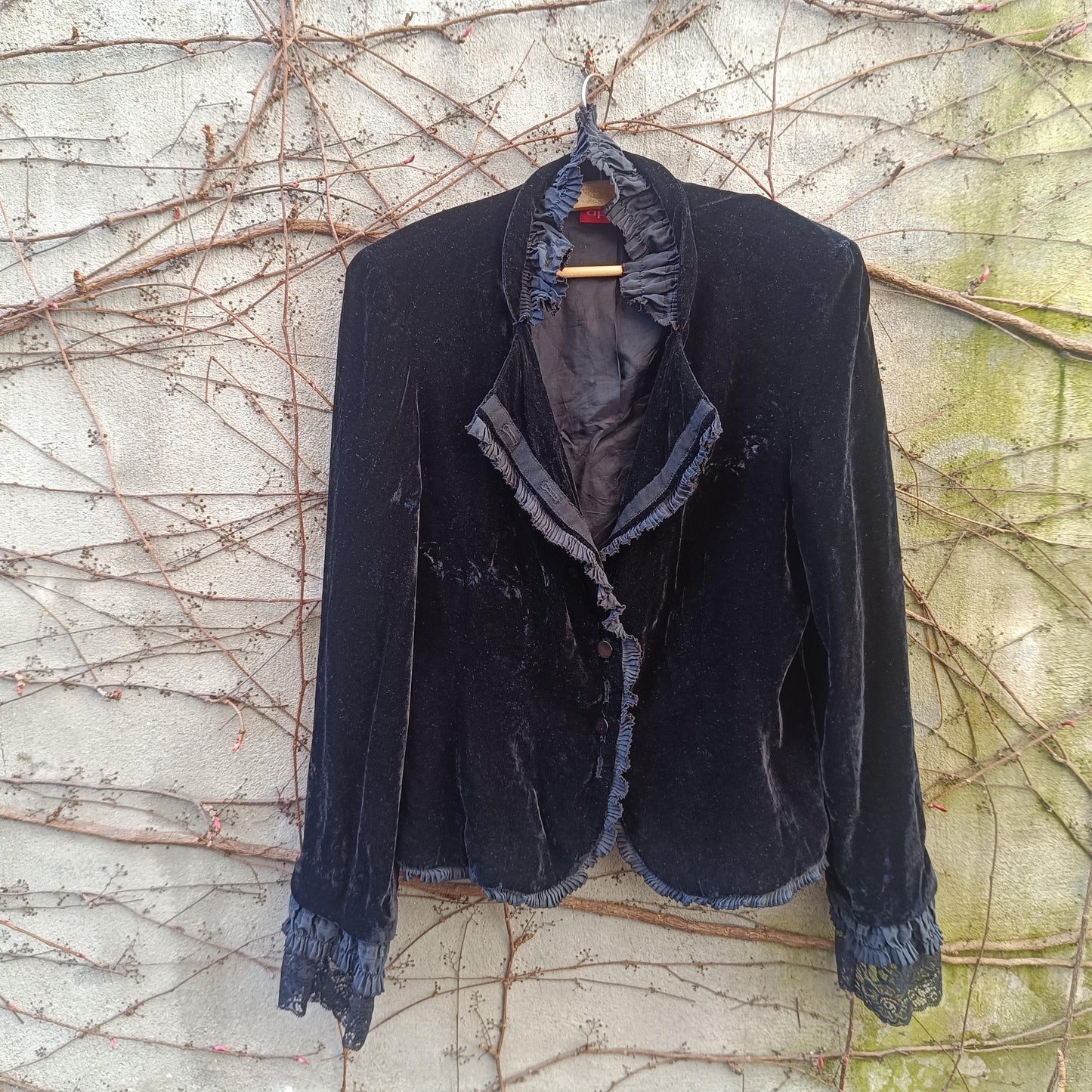 Vintage Silk Blend Velvet Blazer Black Gothic Victorian Ruffle Evening Jacket 38