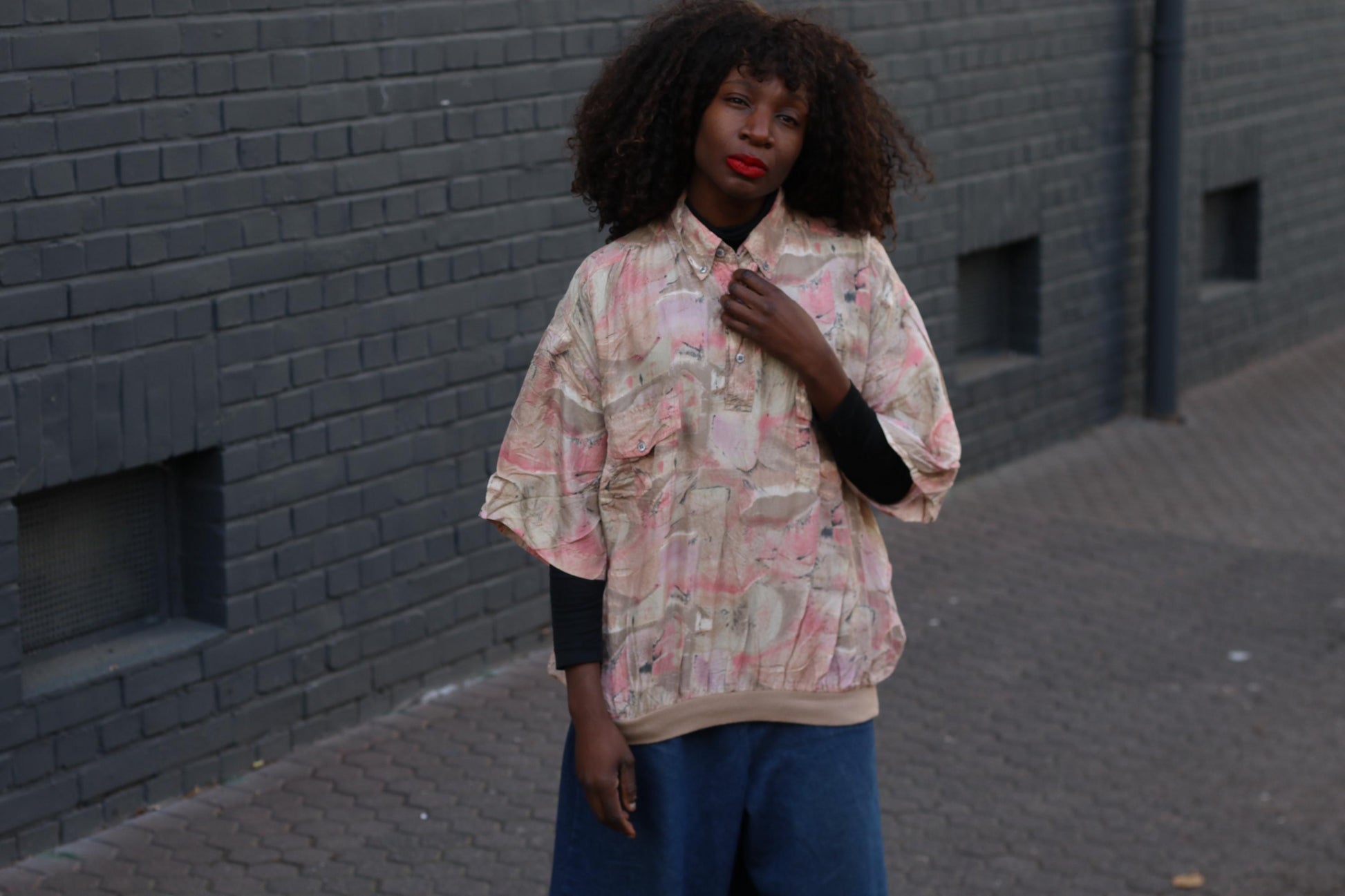 Vintage Silk Oversize Shirt Abstract Pattern Boho Loose Retro Blouse