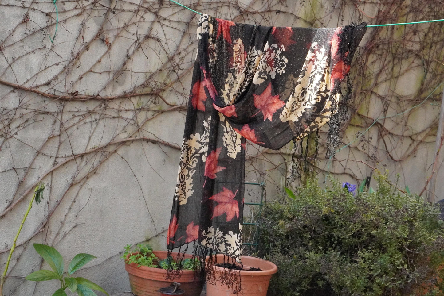 Vintage Maple Leaf Scarf Metallic Gold Damask Shawl Black Red Fall Autumn Wrap