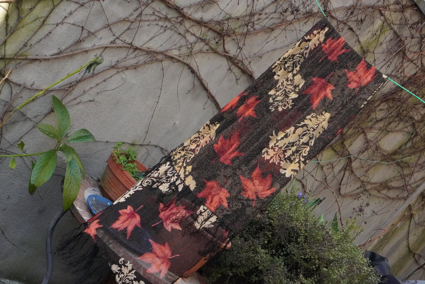 Vintage Maple Leaf Scarf Metallic Gold Damask Shawl Black Red Fall Autumn Wrap