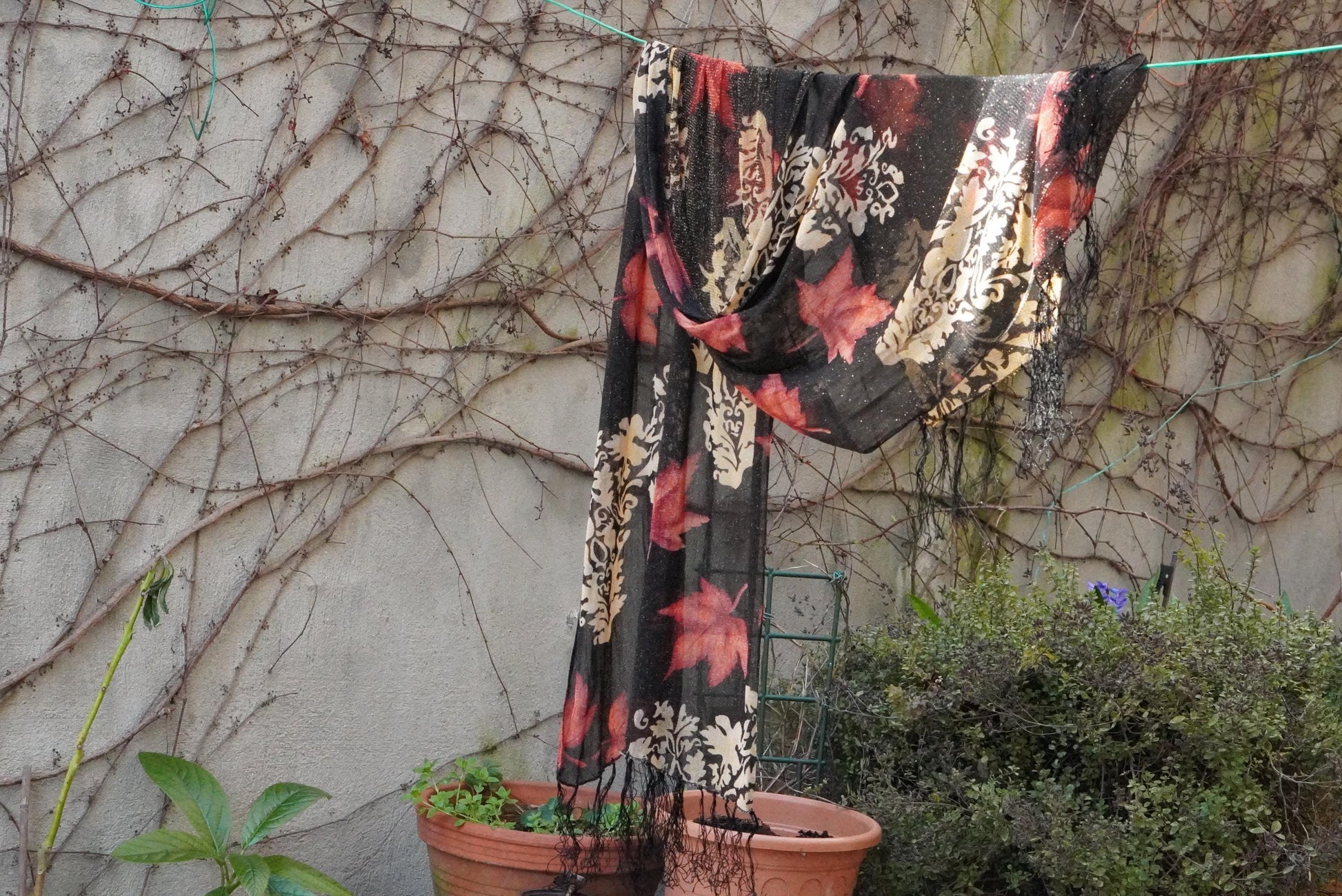 Vintage Maple Leaf Scarf Metallic Gold Damask Shawl Black Red Fall Autumn Wrap