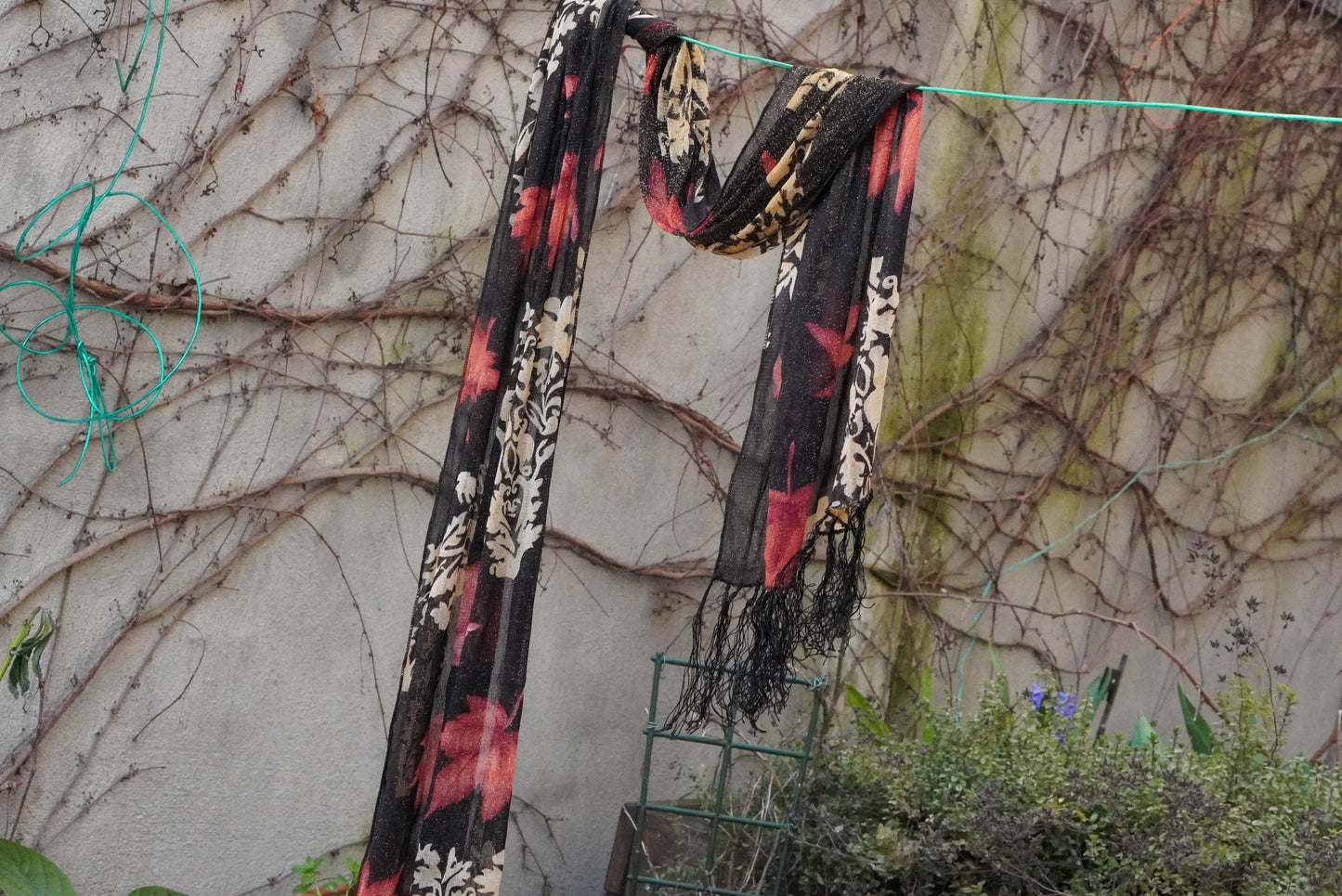 Vintage Maple Leaf Scarf Metallic Gold Damask Shawl Black Red Fall Autumn Wrap