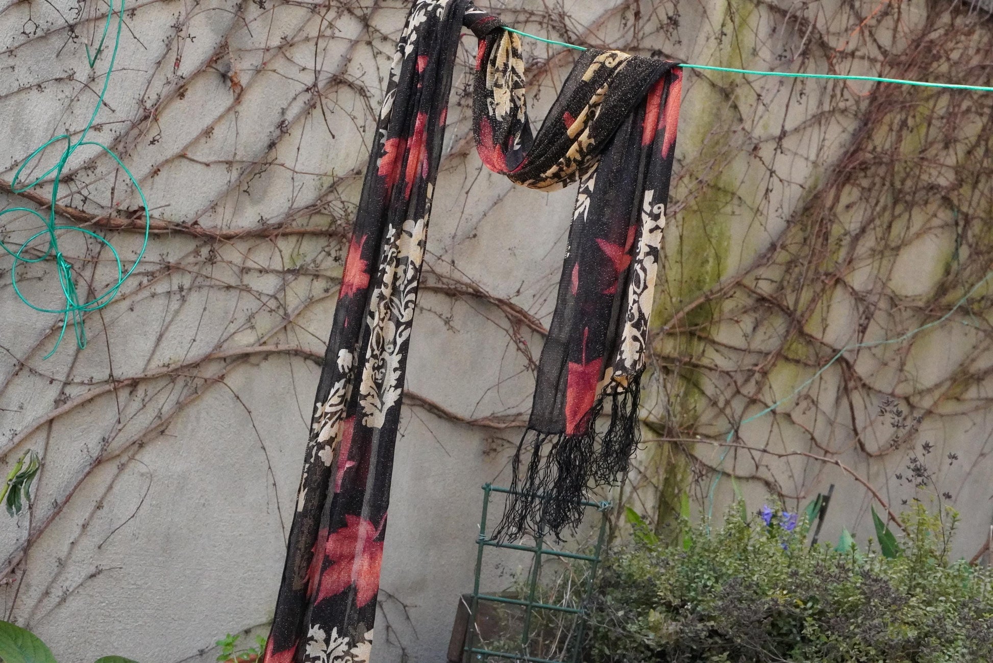 Vintage Maple Leaf Scarf Metallic Gold Damask Shawl Black Red Fall Autumn Wrap