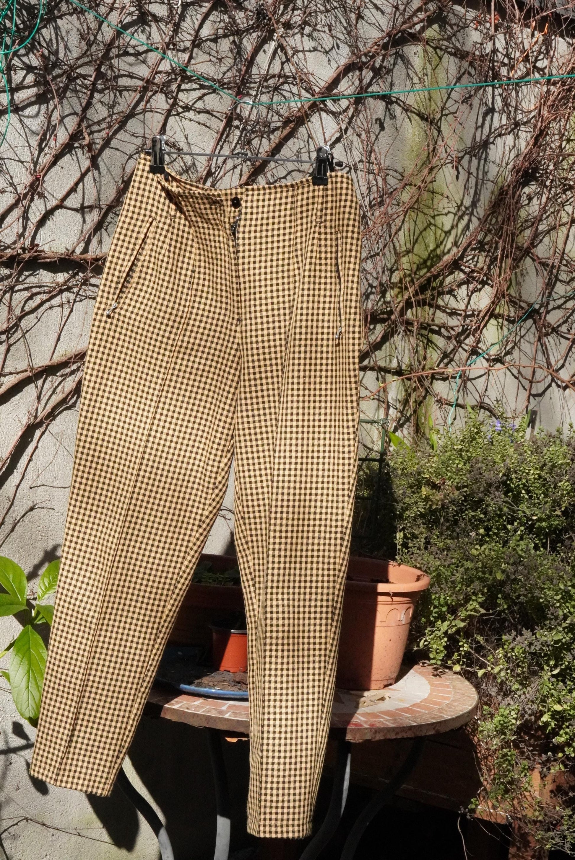 Vintage Gingham Trousers Mustard Yellow Check Pants High Waisted Plaid Tapered S-XS