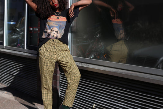 Vintage Gingham Trousers Mustard Yellow Check Pants High Waisted Plaid Tapered S-XS