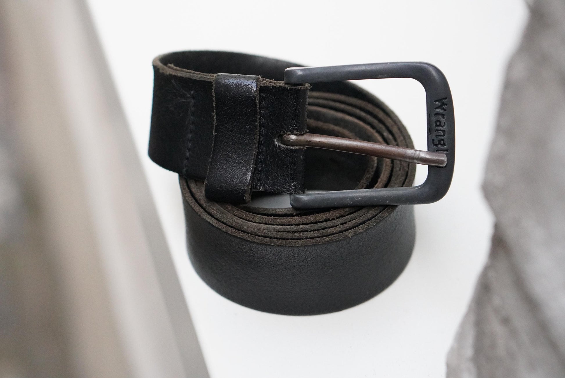 Vintage Wrangler Black Leather Belt with Gunmetal Buckle