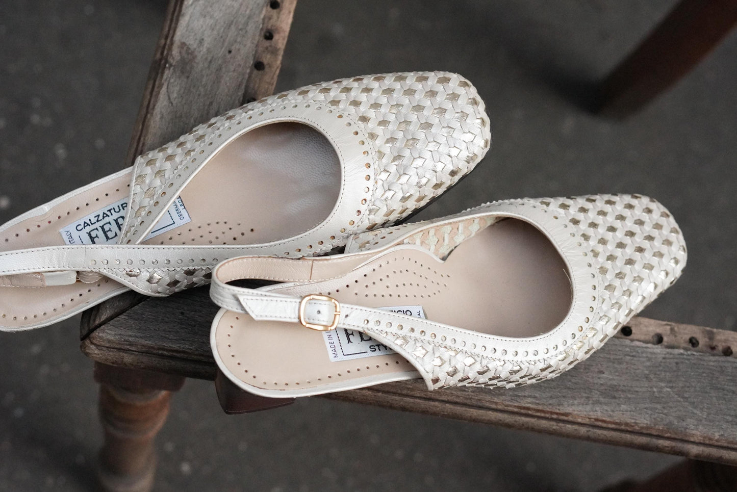 Vintage Italian Leather Slingback Shoes Cream Gold Woven Flats Square Toe Size 38.5