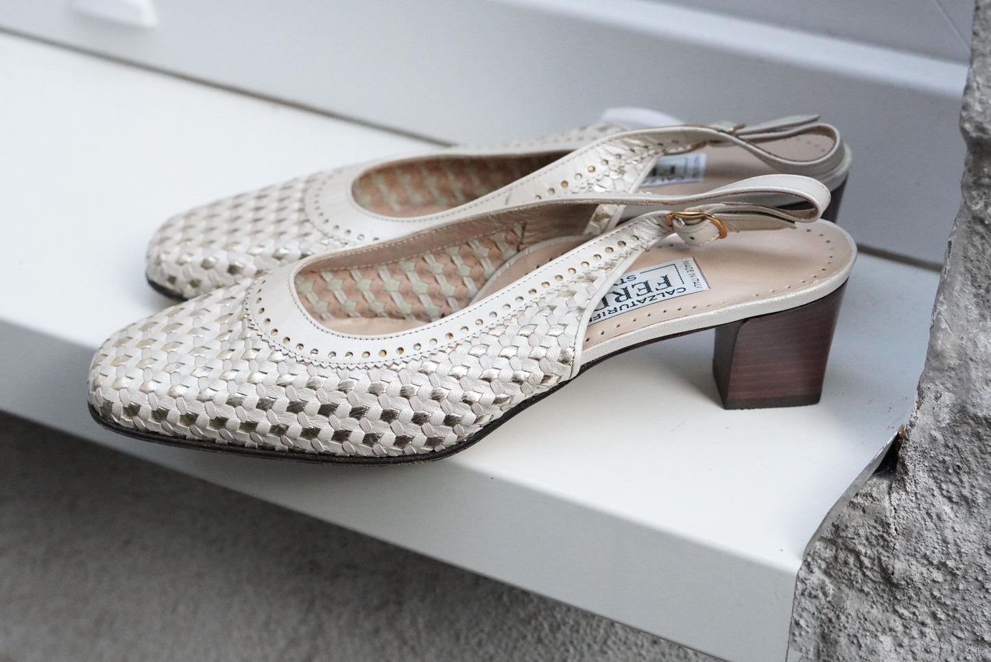 Vintage Italian Leather Slingback Shoes Cream Gold Woven Flats Square Toe Size 38.5