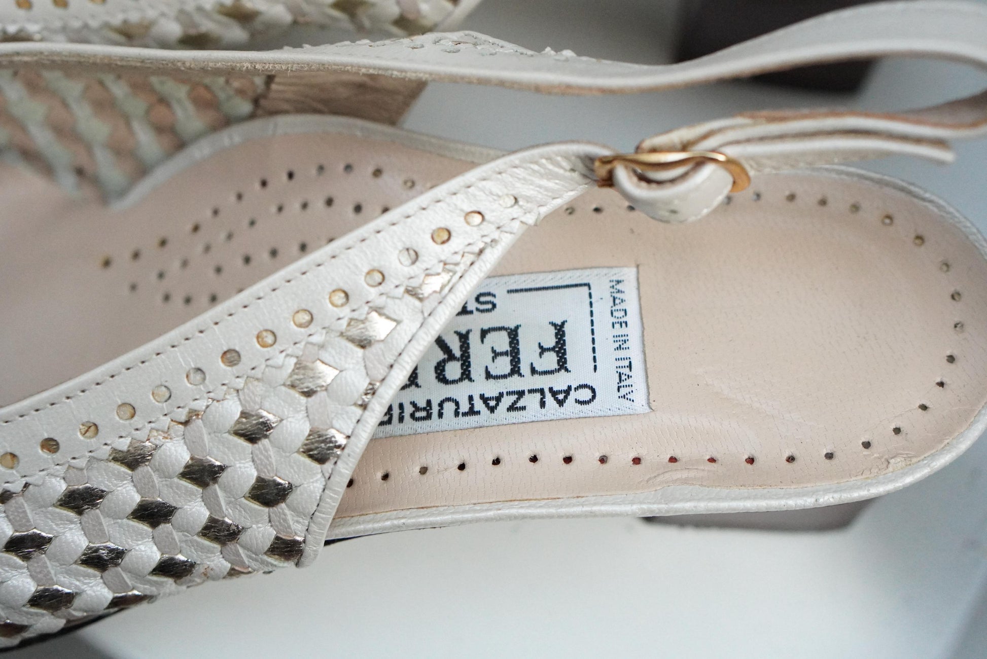 Vintage Italian Leather Slingback Shoes Cream Gold Woven Flats Square Toe Size 38.5