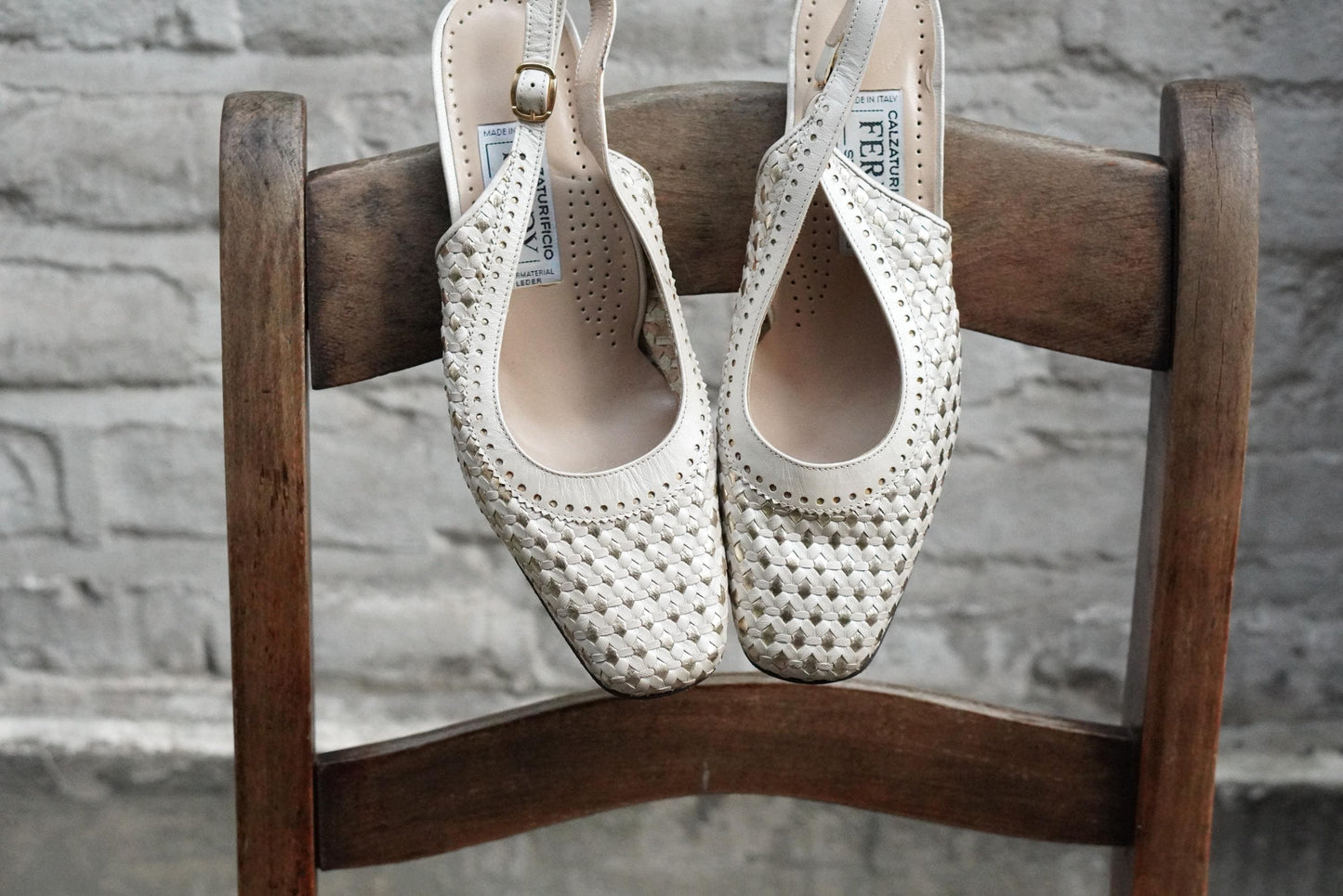 Vintage Italian Leather Slingback Shoes Cream Gold Woven Flats Square Toe Size 38.5