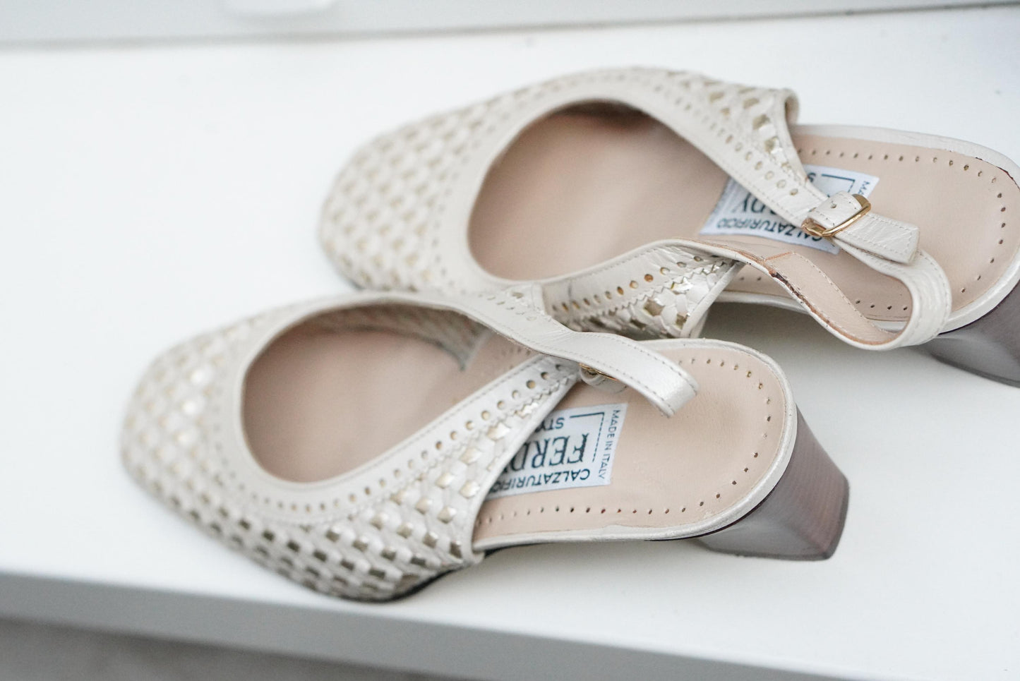 Vintage Italian Leather Slingback Shoes Cream Gold Woven Flats Square Toe Size 38.5