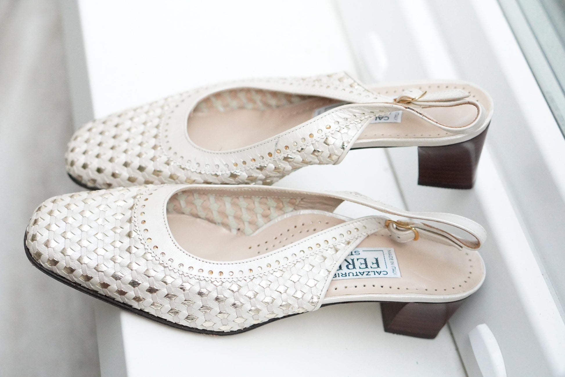 Vintage Italian Leather Slingback Shoes Cream Gold Woven Flats Square Toe Size 38.5
