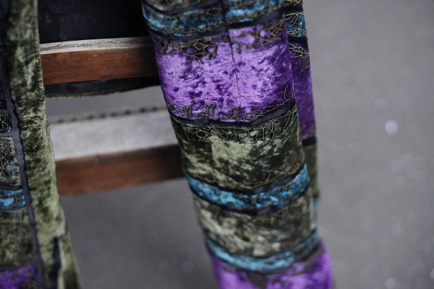 Vintage Silk Velvet Scarf Green Purple Burnout Fringe Wrap Embroidered Devore