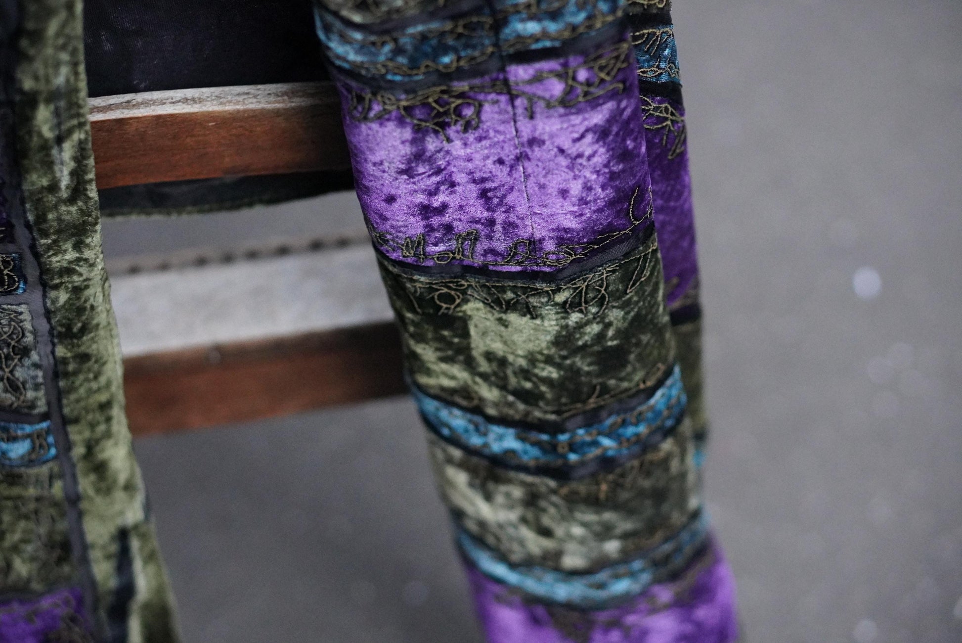 Vintage Silk Velvet Scarf Green Purple Burnout Fringe Wrap Embroidered Devore