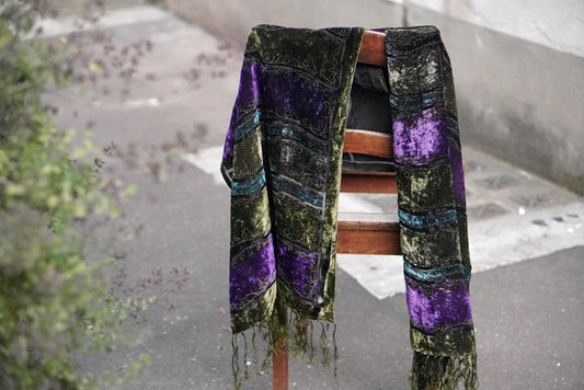 Vintage Silk Velvet Scarf Green Purple Burnout Fringe Wrap Embroidered Devore