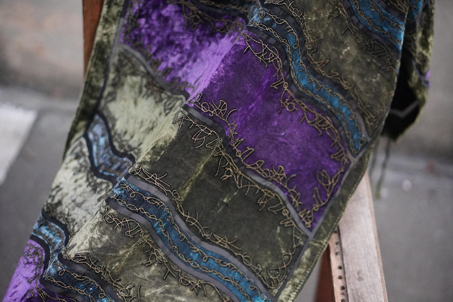 Vintage Silk Velvet Scarf Green Purple Burnout Fringe Wrap Embroidered Devore
