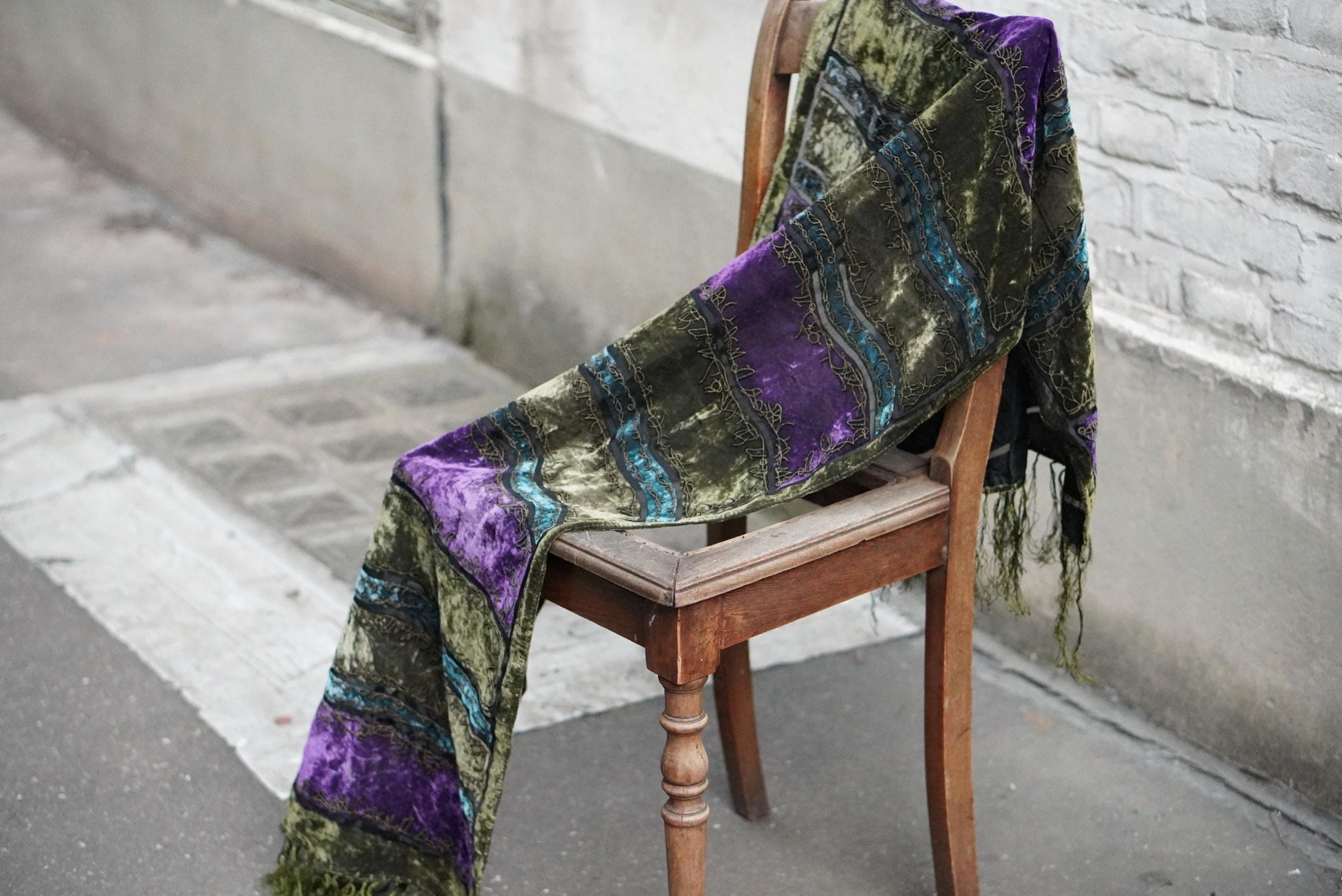 Vintage Silk Velvet Scarf Green Purple Burnout Fringe Wrap Embroidered Devore
