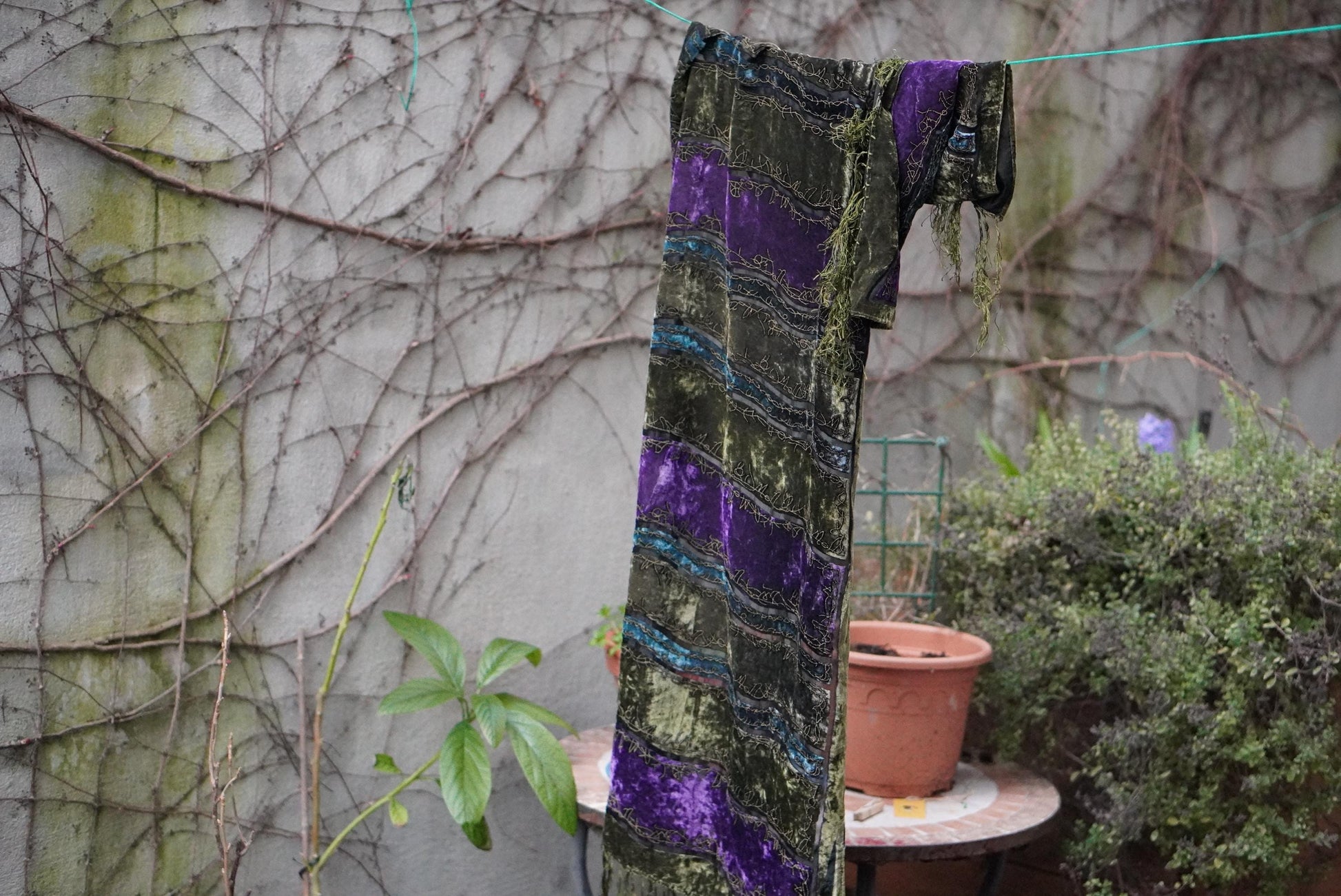 Vintage Silk Velvet Scarf Green Purple Burnout Fringe Wrap Embroidered Devore