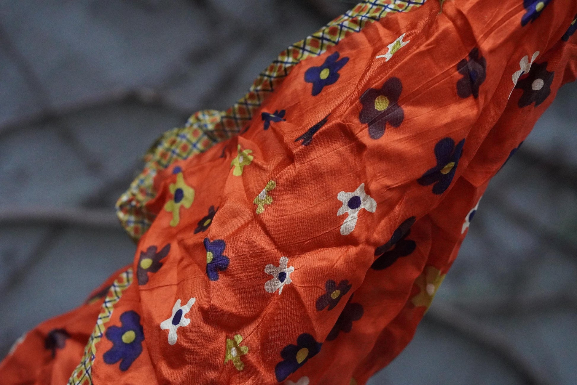 Vintage Silk Scarf Orange Floral 70s Mod Neck Head Wrap Flower Power Retro Square