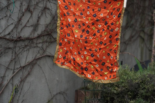 Vintage Silk Scarf Orange Floral 70s Mod Neck Head Wrap Flower Power Retro Square