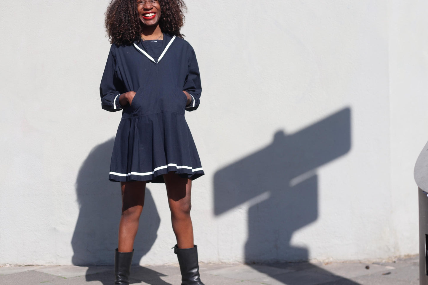 Vintage Esprit Sailor Mini Dress Navy Blue White Trim Mod Shrunken Fit Adult XS