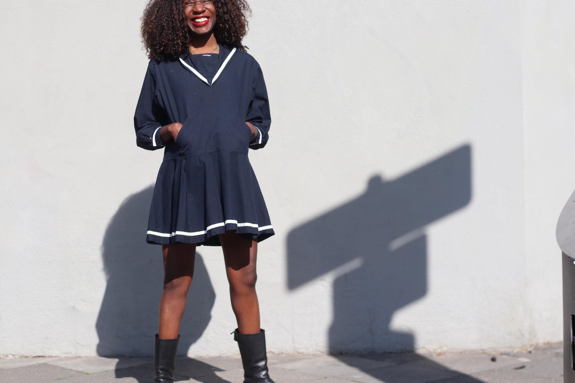 Vintage Esprit Sailor Mini Dress Navy Blue White Trim Mod Shrunken Fit Adult XS