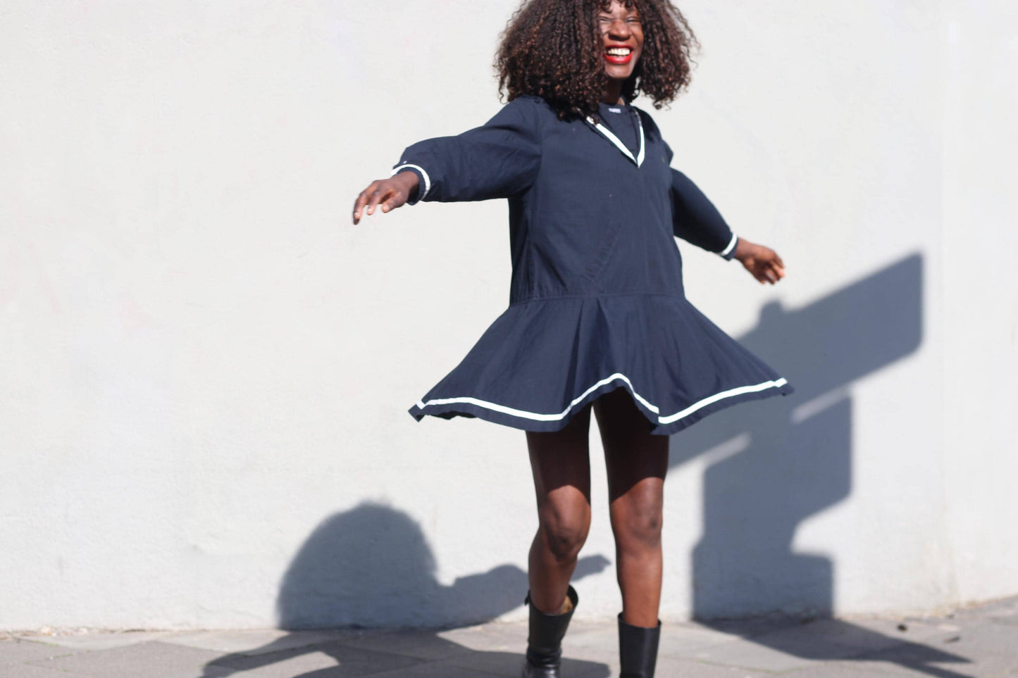 Vintage Esprit Sailor Mini Dress Navy Blue White Trim Mod Shrunken Fit Adult XS