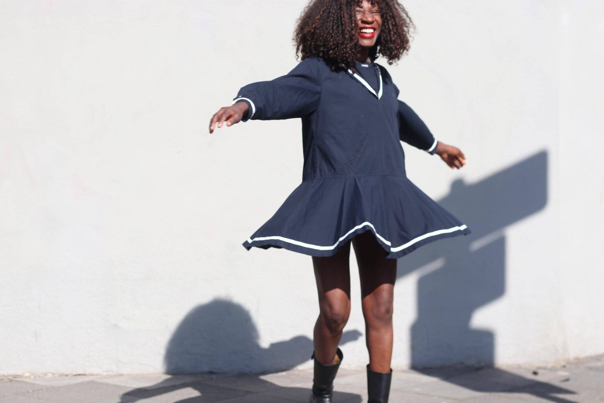Vintage Esprit Sailor Mini Dress Navy Blue White Trim Mod Shrunken Fit Adult XS