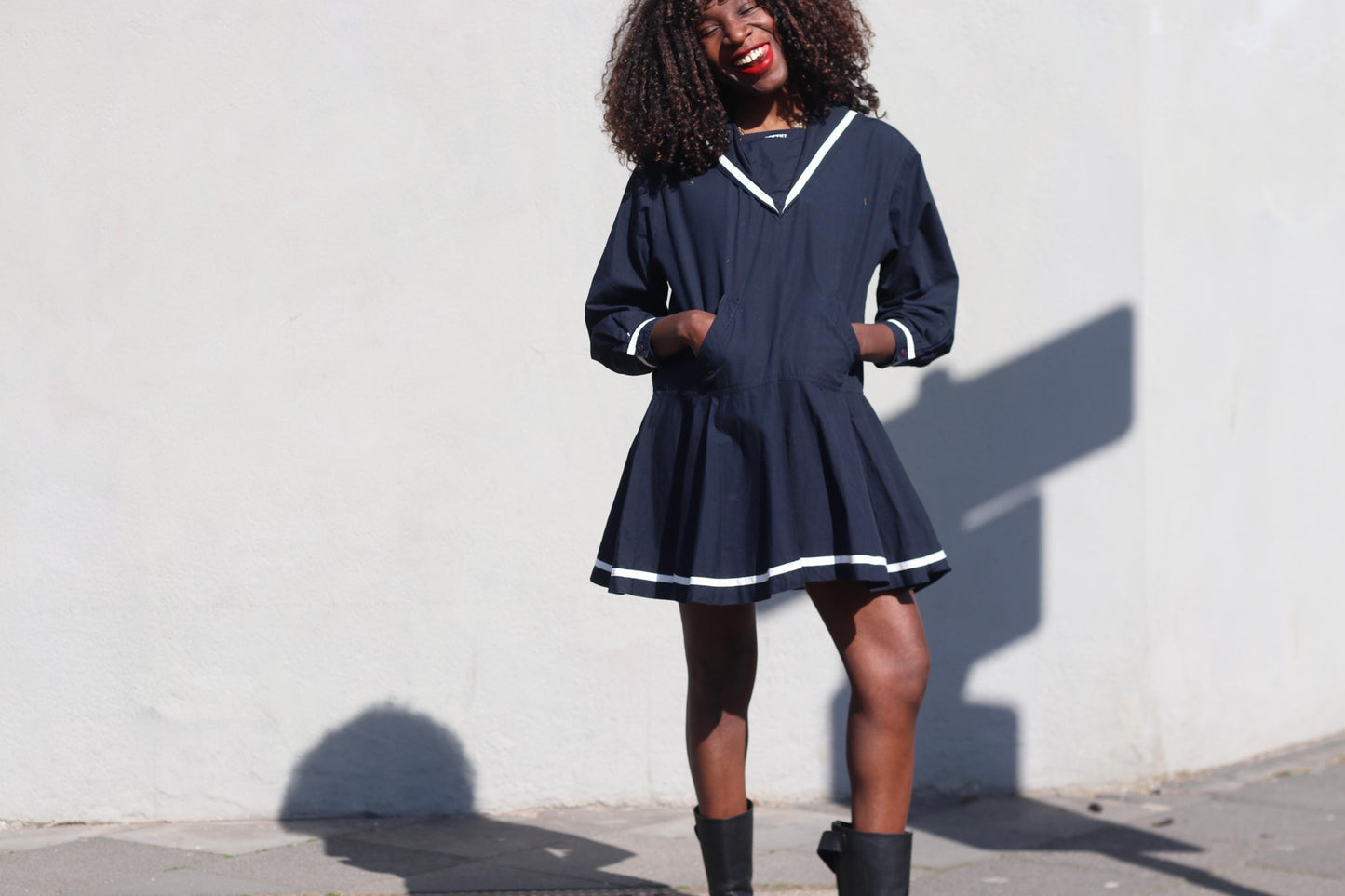 Vintage Esprit Sailor Mini Dress Navy Blue White Trim Mod Shrunken Fit Adult XS