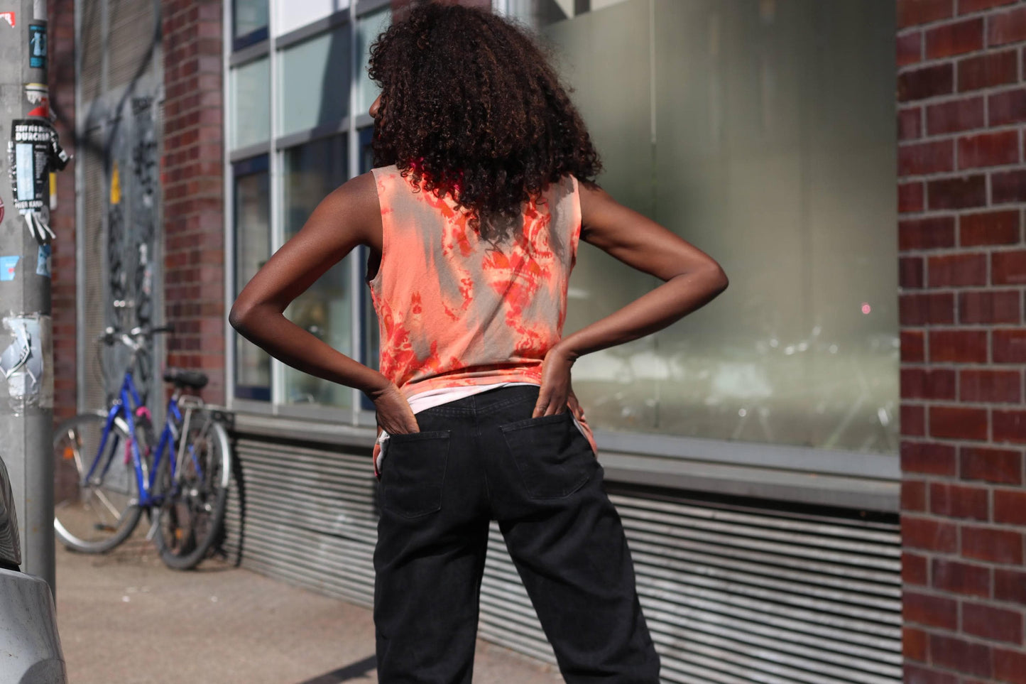 BiBA Vintage Silk Blend Abstract Top Orange Pink Ruffle Neck Beaded Grunge Y2K
