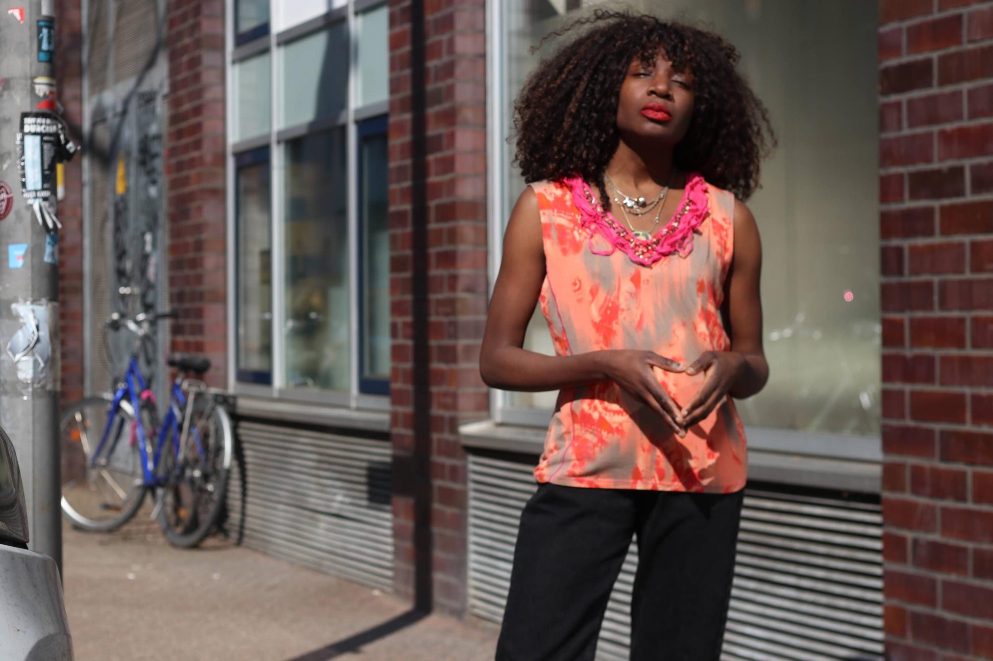 BiBA Vintage Silk Blend Abstract Top Orange Pink Ruffle Neck Beaded Grunge Y2K