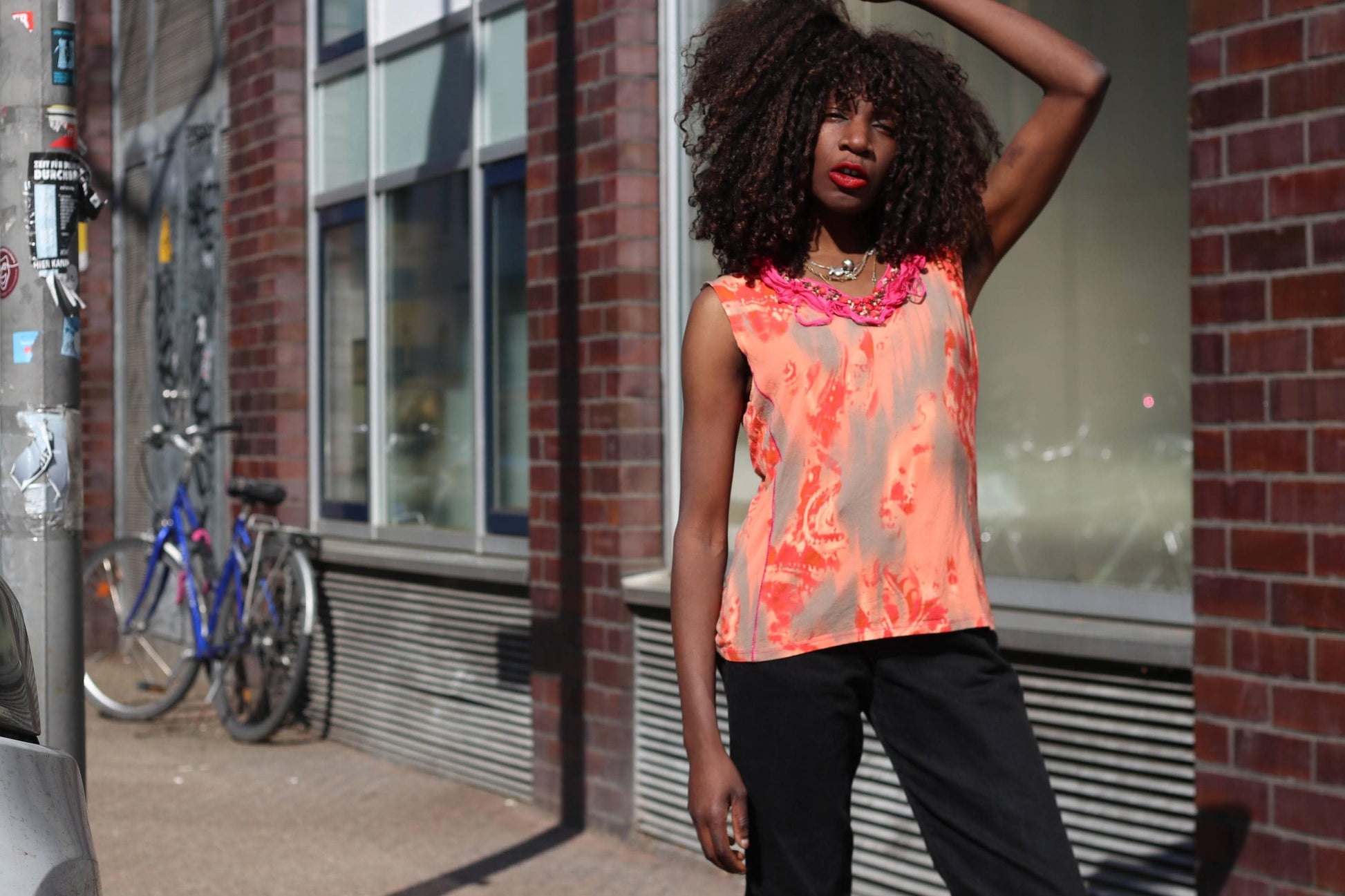 BiBA Vintage Silk Blend Abstract Top Orange Pink Ruffle Neck Beaded Grunge Y2K