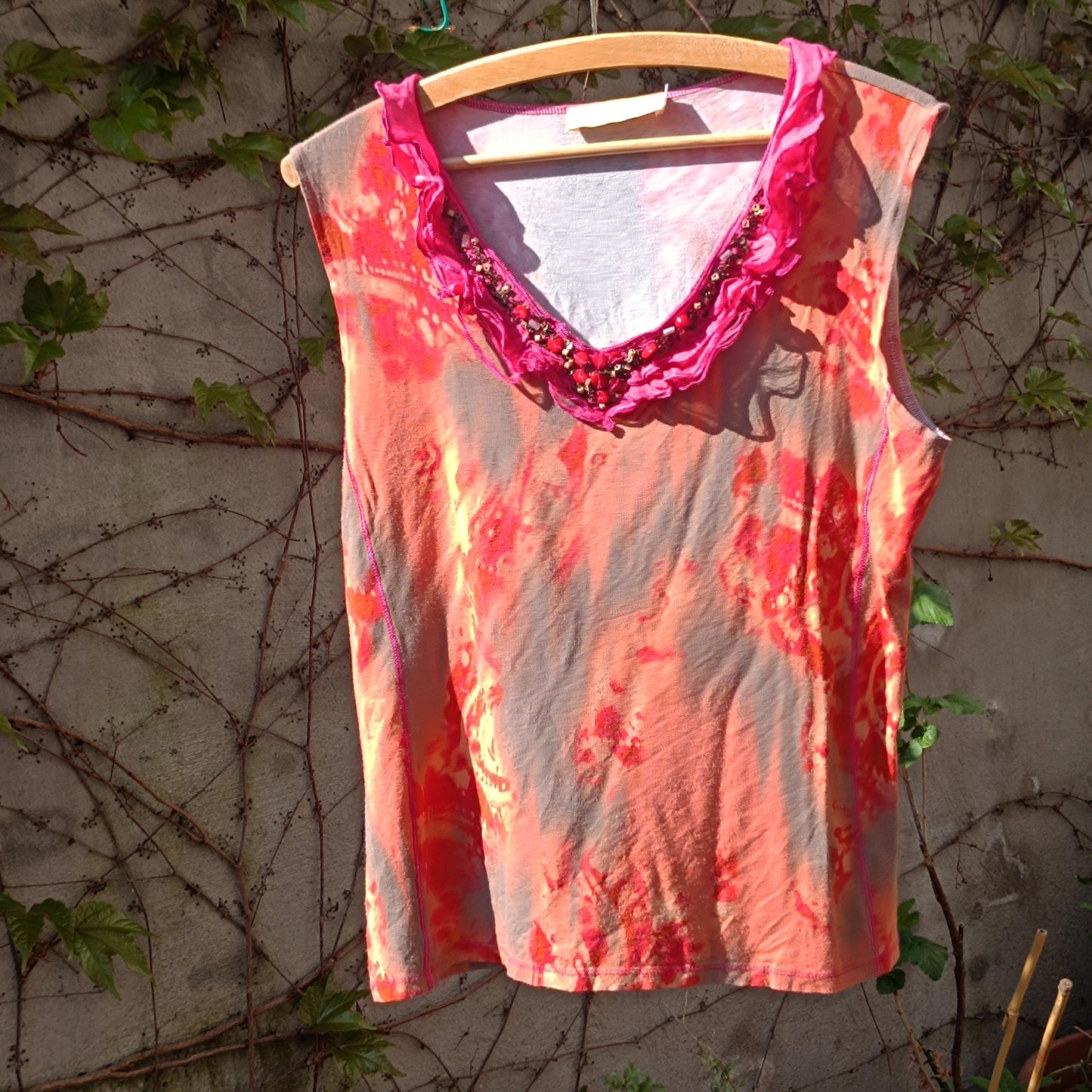 BiBA Vintage Silk Blend Abstract Top Orange Pink Ruffle Neck Beaded Grunge Y2K