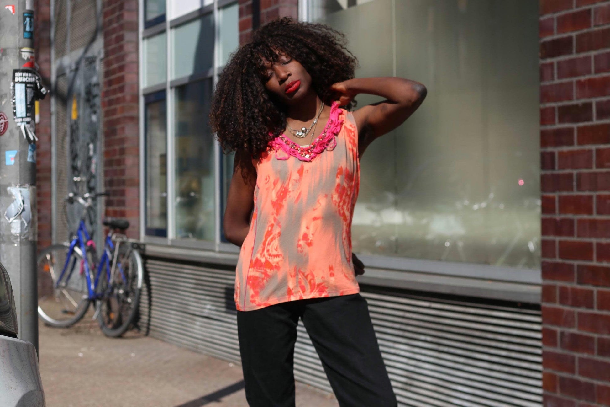 BiBA Vintage Silk Blend Abstract Top Orange Pink Ruffle Neck Beaded Grunge Y2K