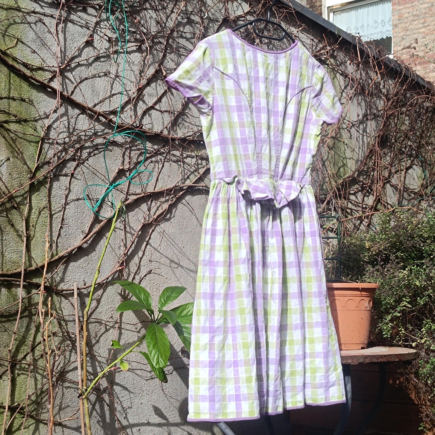 Vintage Gingham Fit and Flare Dress: Purple Green Check Cotton Summer Style