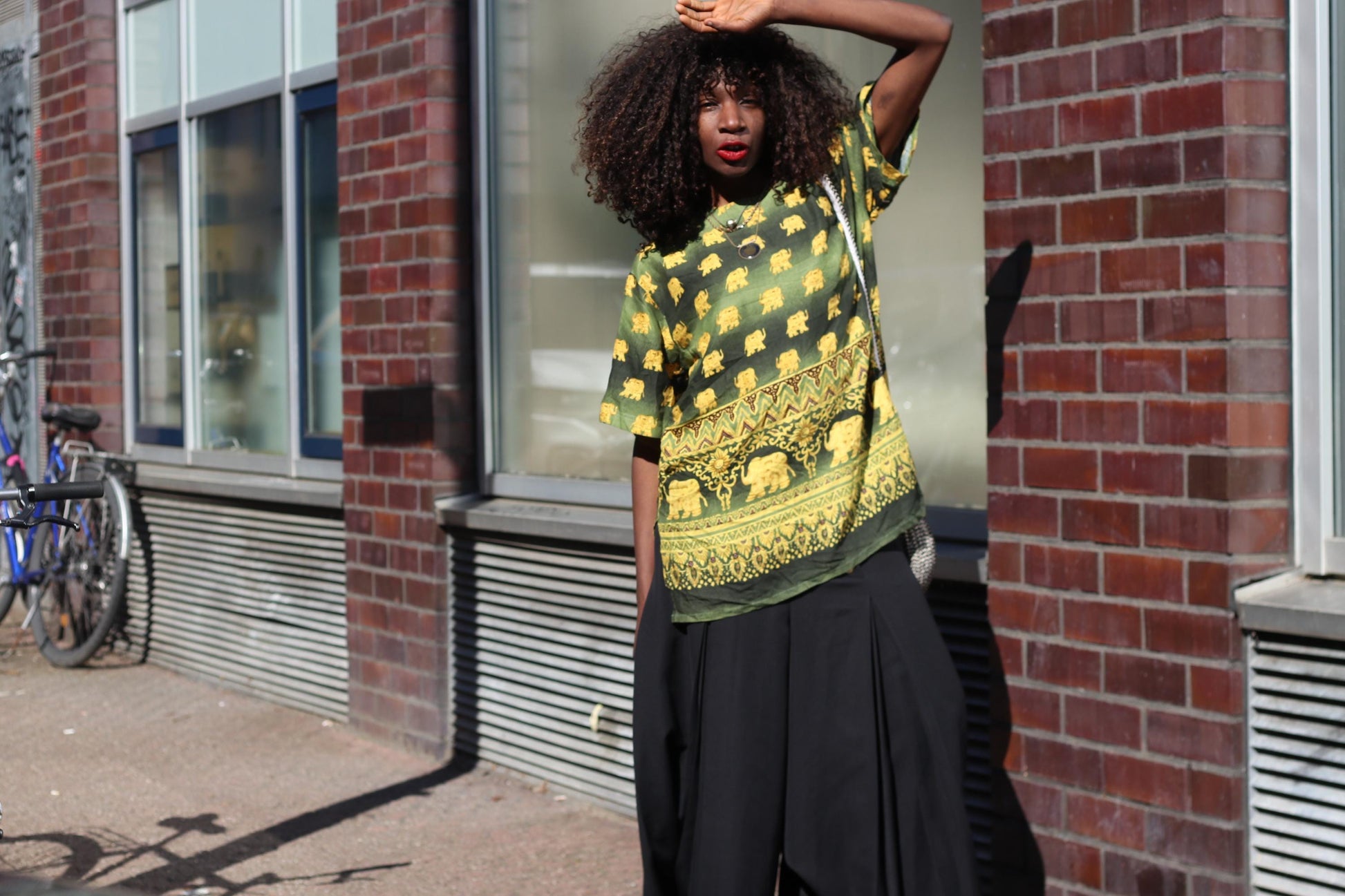 Elephant Print Top Green Gold Bohemian Festival Shirt Vintage Style Thai Blouse