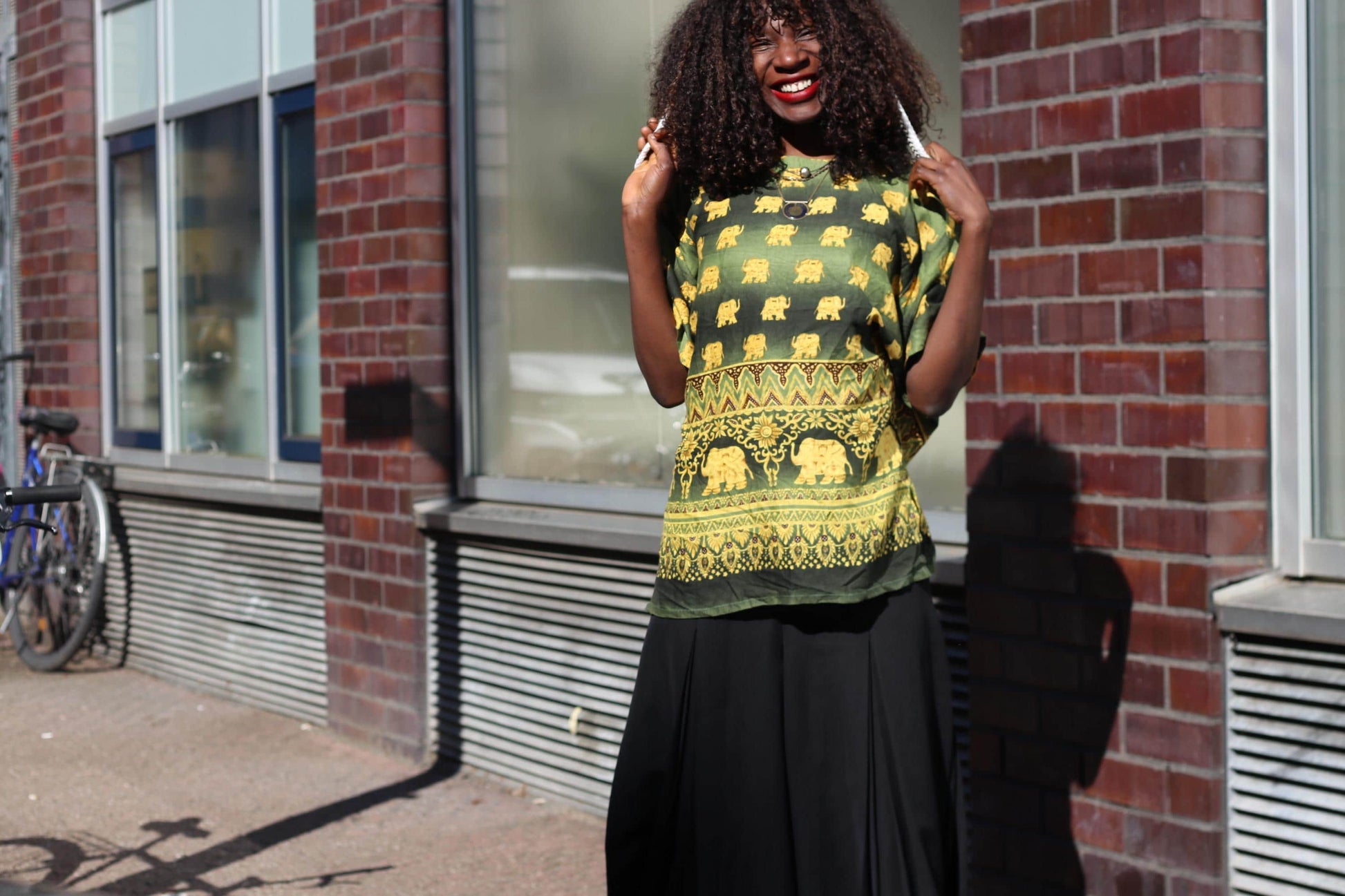 Elephant Print Top Green Gold Bohemian Festival Shirt Vintage Style Thai Blouse