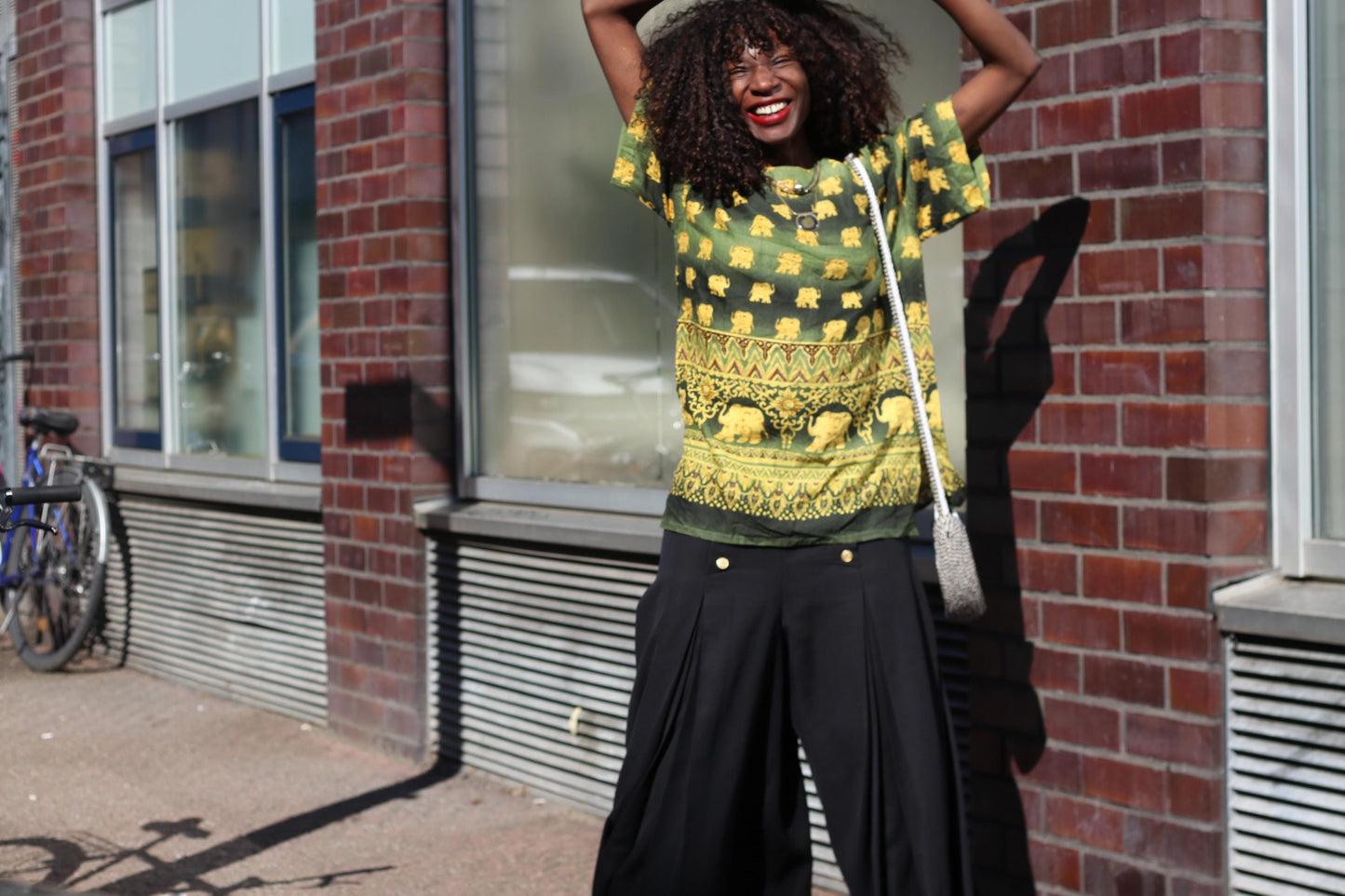 Elephant Print Top Green Gold Bohemian Festival Shirt Vintage Style Thai Blouse