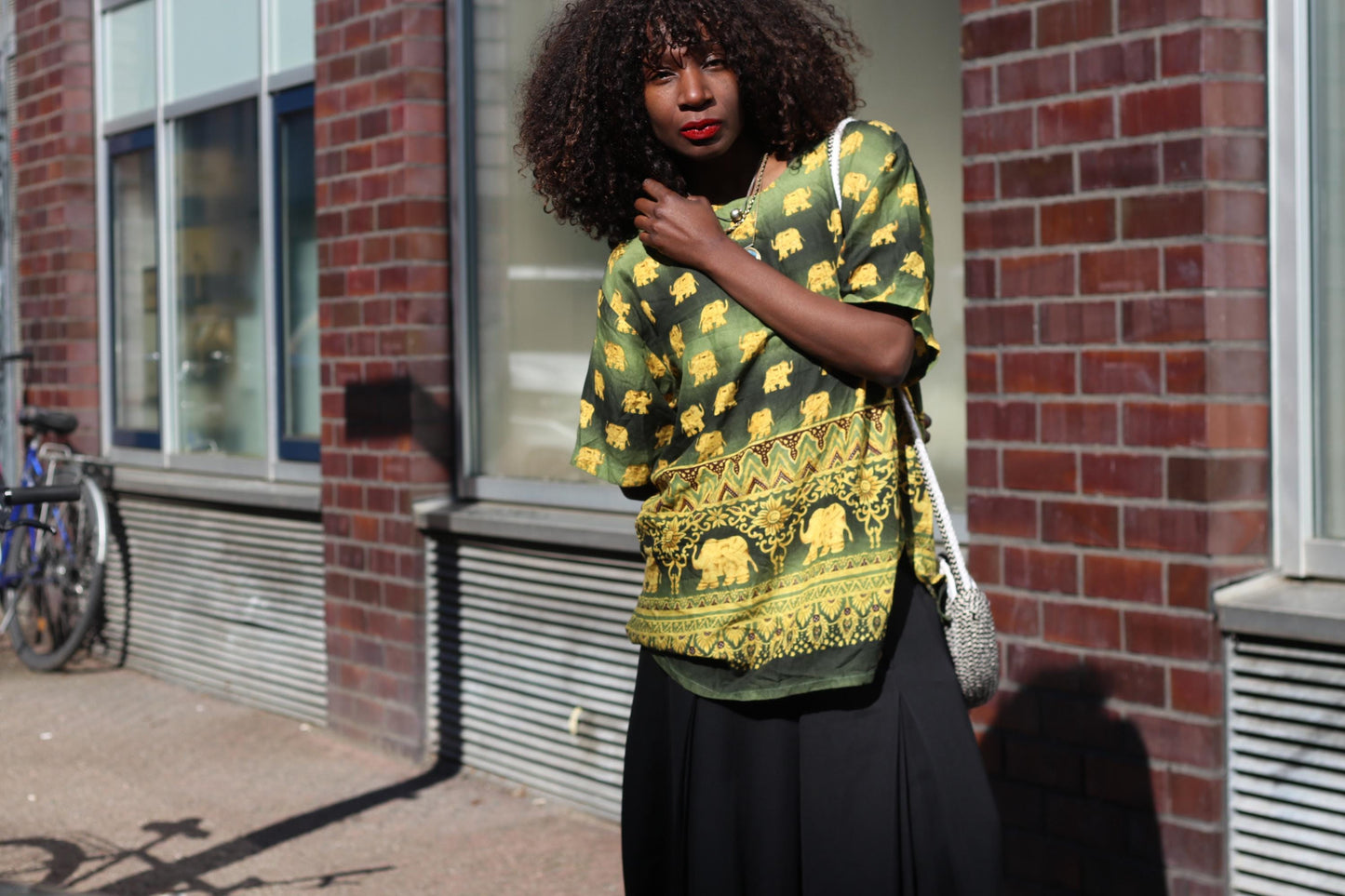 Elephant Print Top Green Gold Bohemian Festival Shirt Vintage Style Thai Blouse