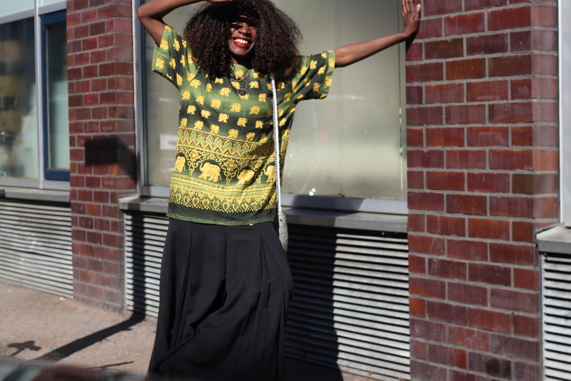 Elephant Print Top Green Gold Bohemian Festival Shirt Vintage Style Thai Blouse