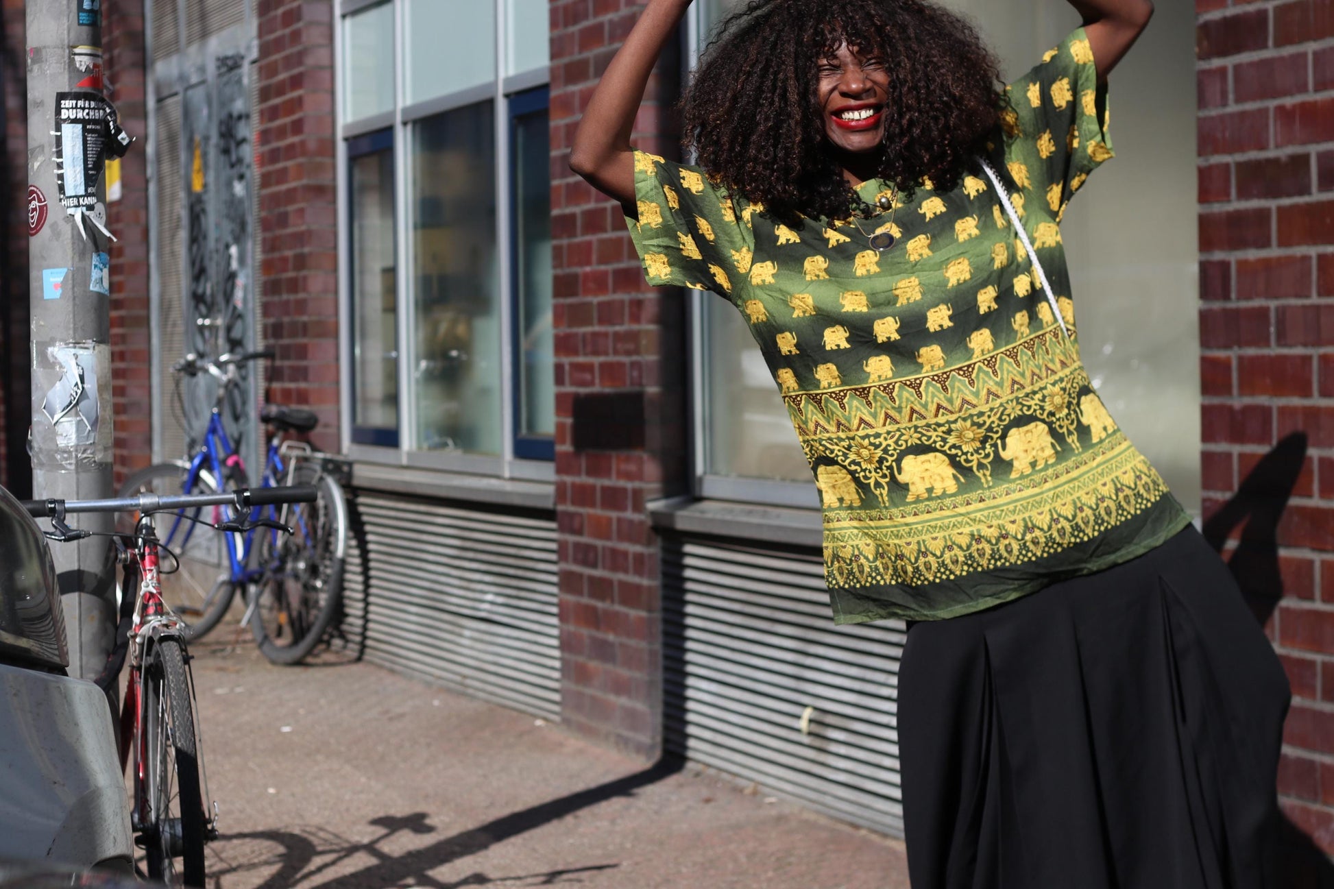 Elephant Print Top Green Gold Bohemian Festival Shirt Vintage Style Thai Blouse